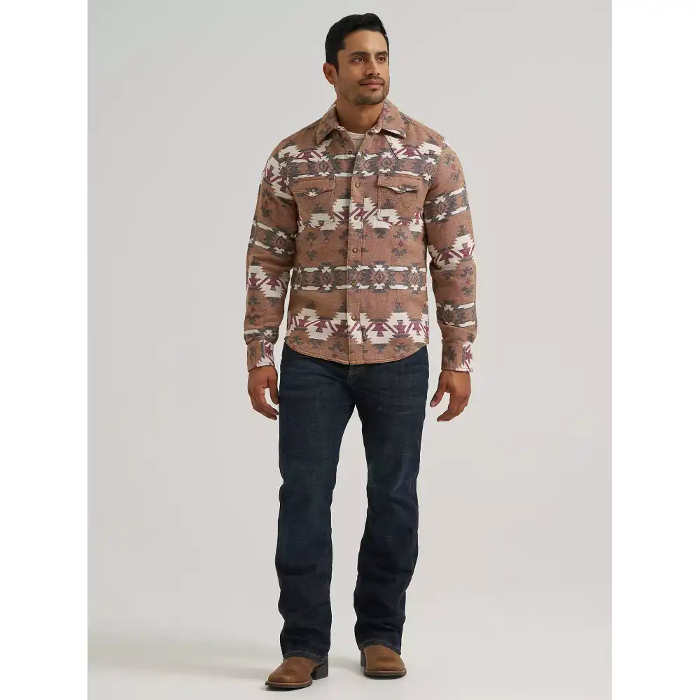 men's wrangler retro® premium western snap jacquard shirt - brown arrowhead