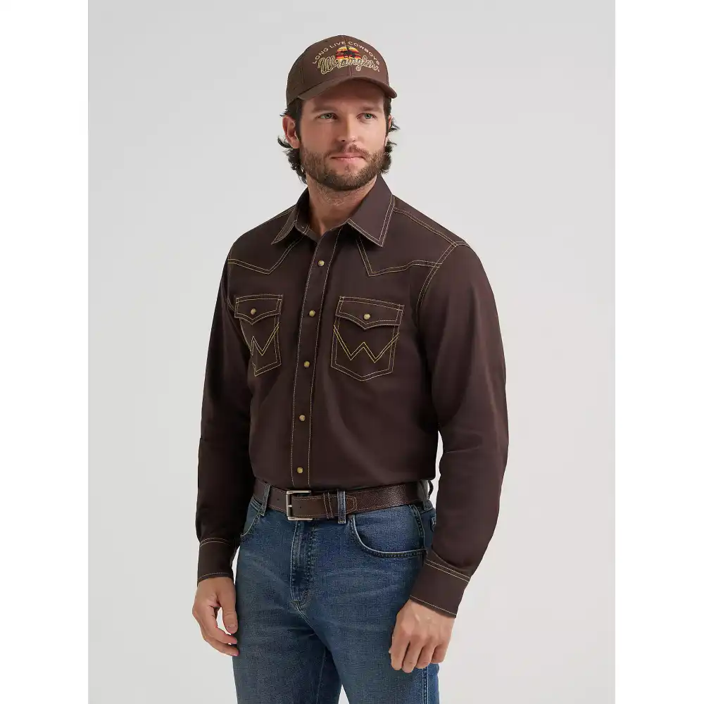 men's wrangler retro® premium western snap solid shirt - brown