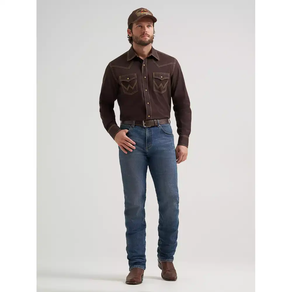 men's wrangler retro® premium western snap solid shirt - brown