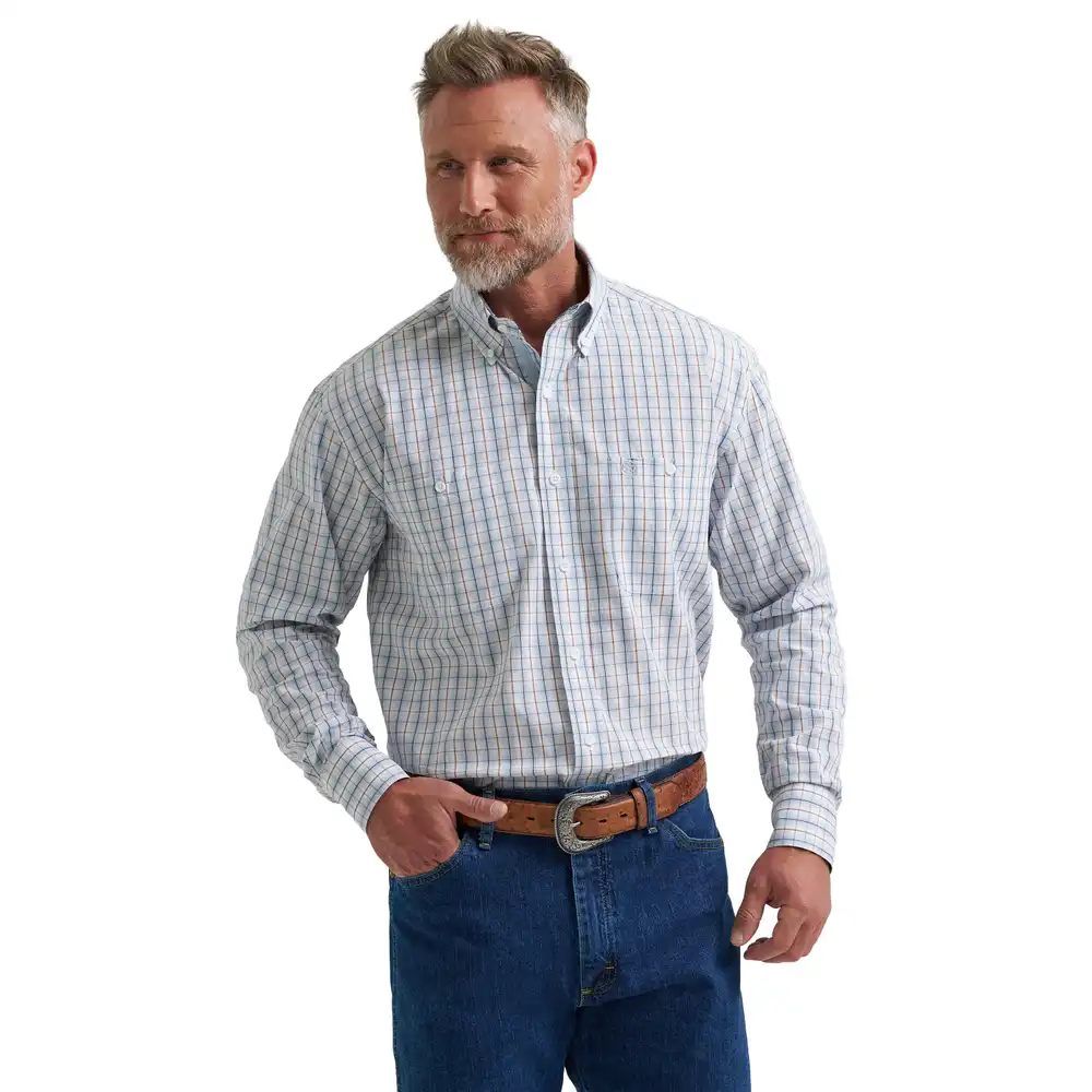 wrangler® george strait™ long sleeve button down two pocket shirt - steely blue check