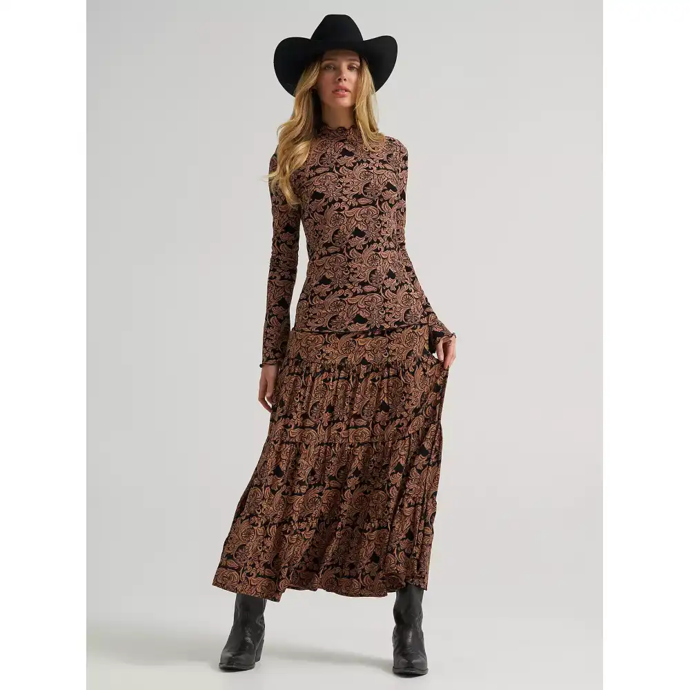 women's wrangler printed tiered maxi skirt - black