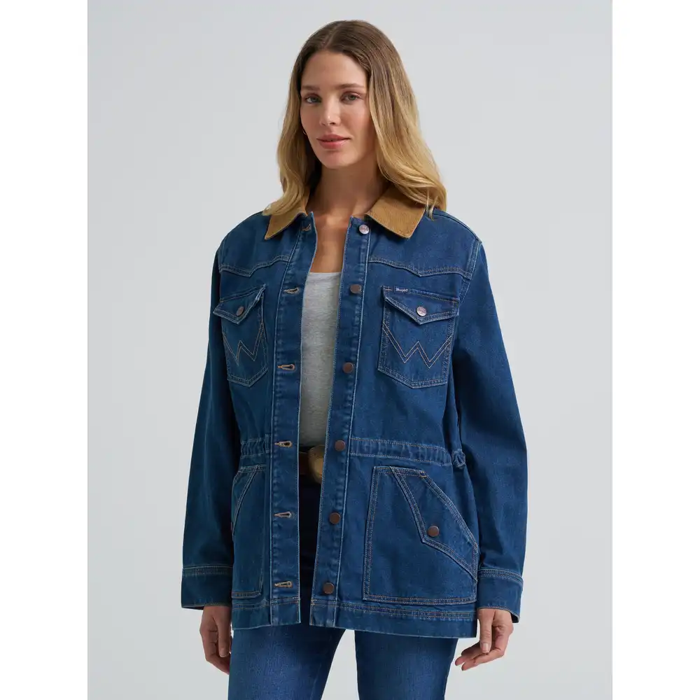 women's denim cinched waist barn jacket - denim