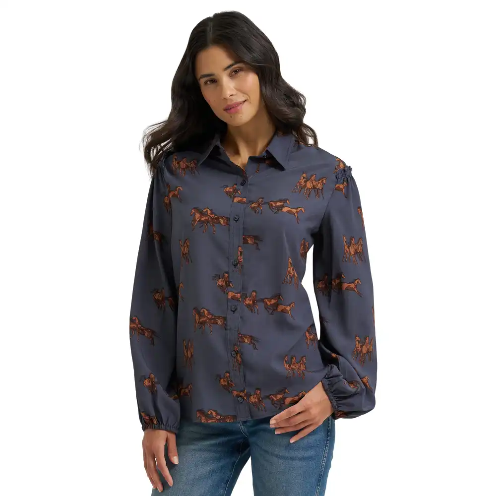 women's drapey sleeve button up blouse - blue