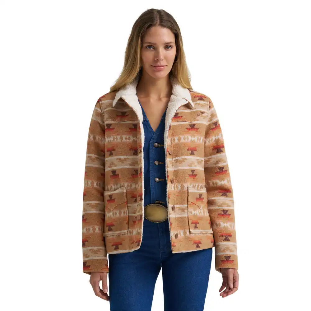 women's wrangler sherpa lined jacquard print jacket - tan