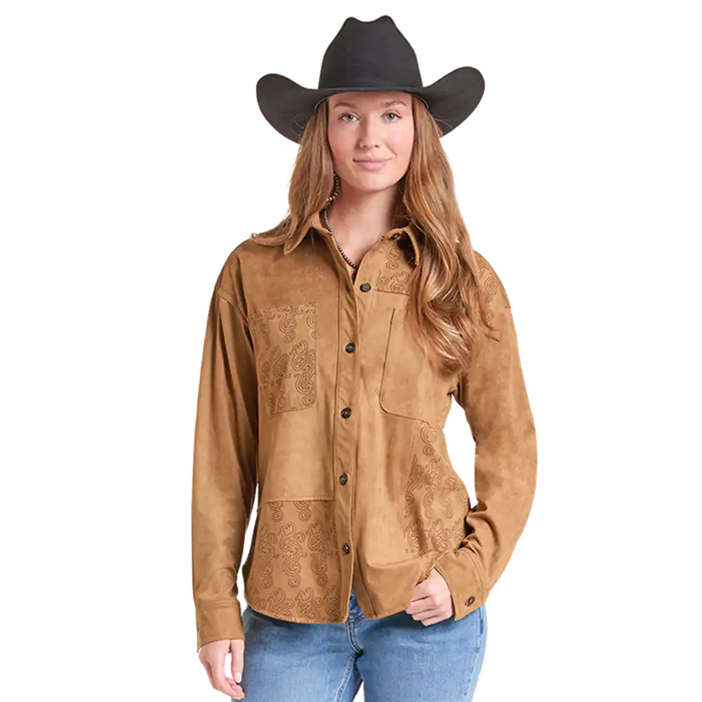 women's printed microsuede shirt - camel