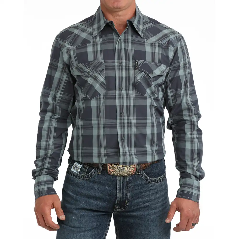 men's modern fit long sleeve shirt - blue plaid