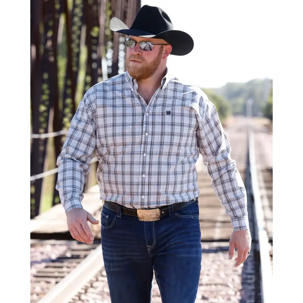 men's classic long sleeve shirt - cream plaid