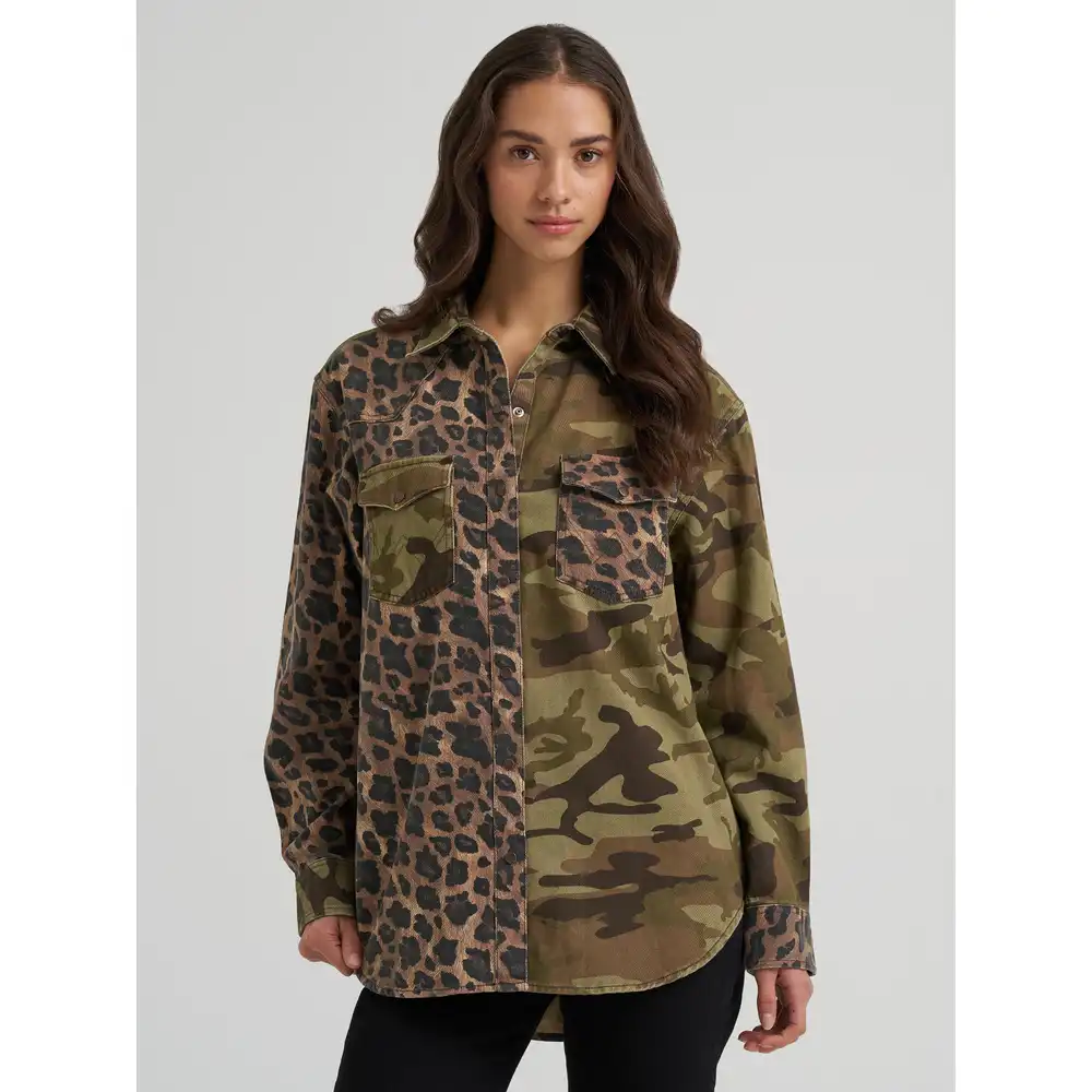 women's wrangler mixed print boyfriend western snap shirt