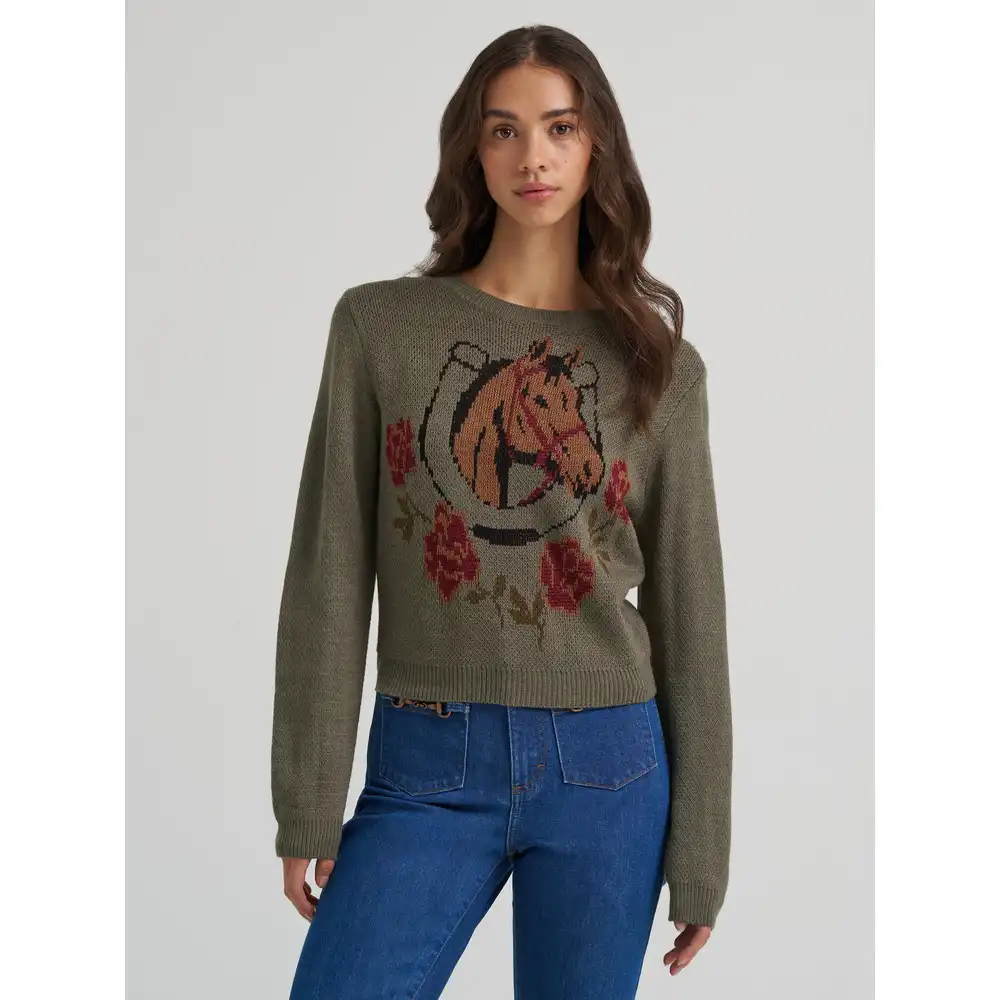 women's wrangler stay a while sweater - horseshoe green