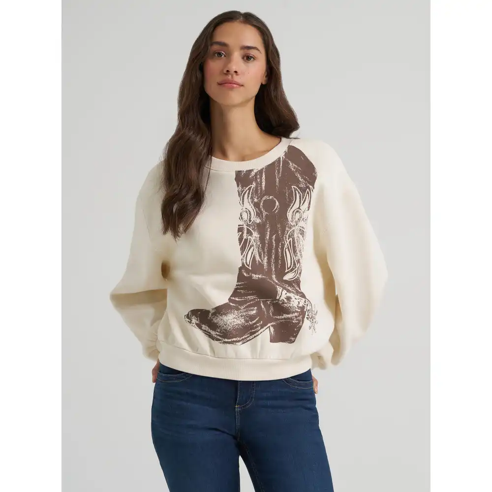 women's wrangler boot graphic pullover - cream