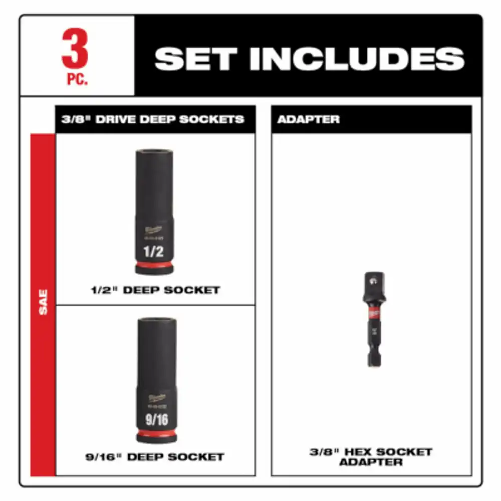 3-pc. shockwave sae deep-impact socket set, 6-point, 3/8 in. drive