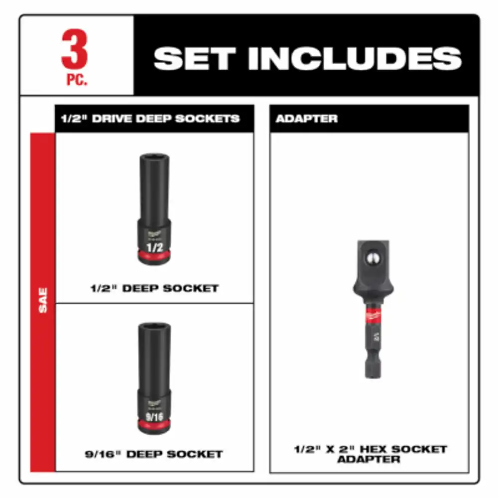 shockwave 3-pc. sae deep impact socket set, 6-point, 1/2 in. drive