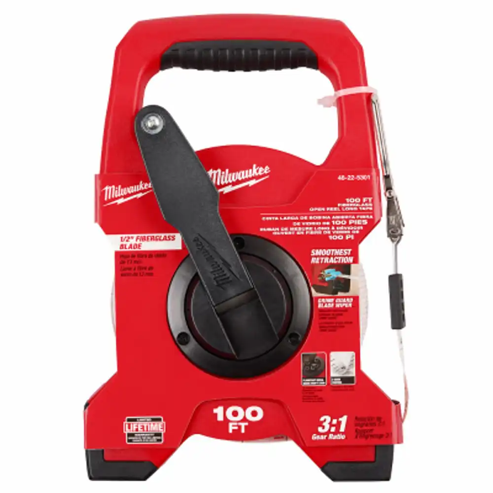 open reel tape measure, fiberglass, 100 ft.