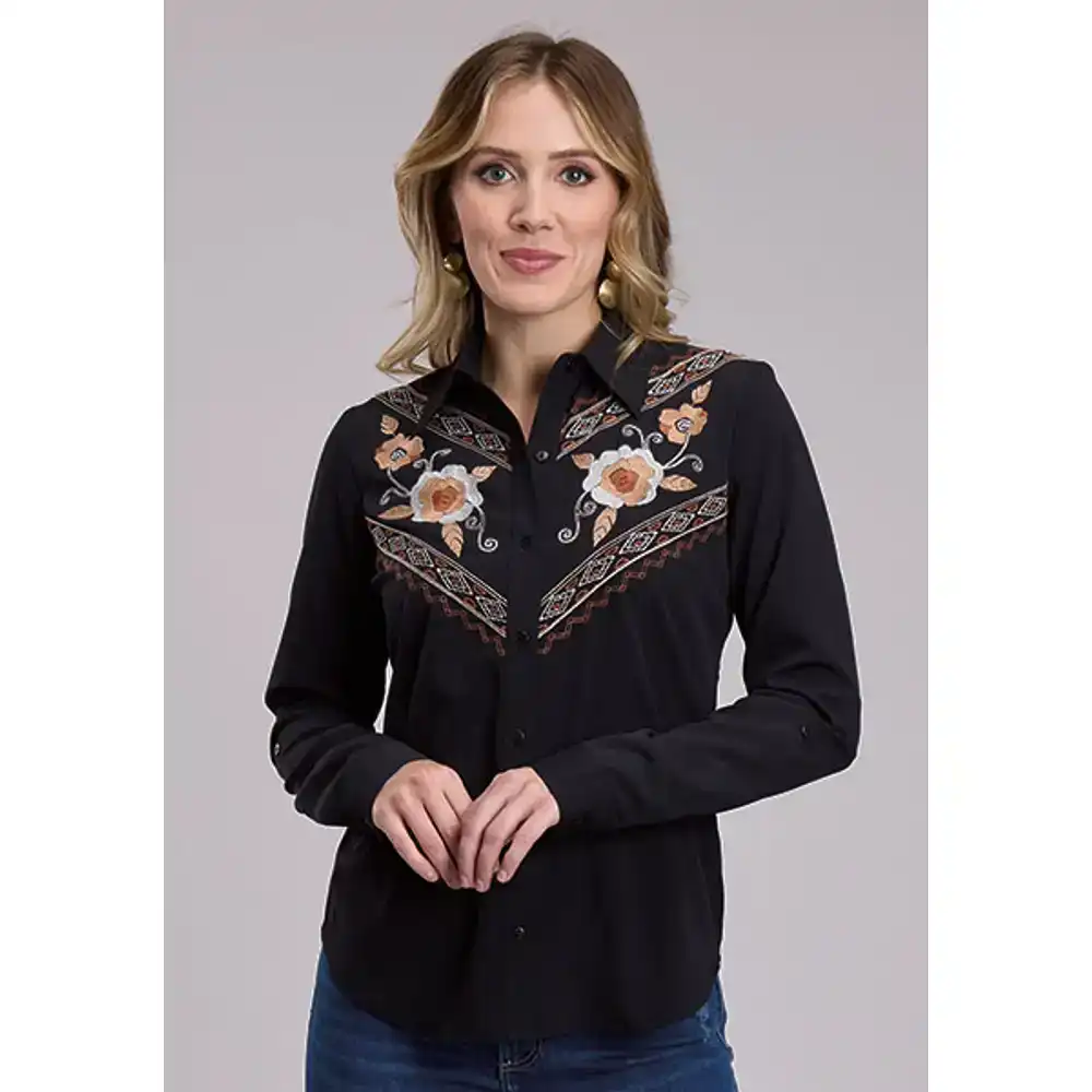 women's long sleeve blouse - black floral