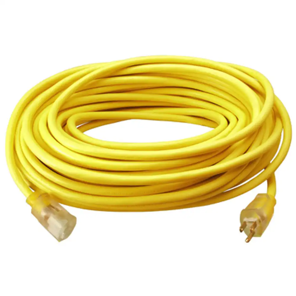 extension cord, 12/3 sjtw, yellow round vinyl, lighted end, 50 ft.