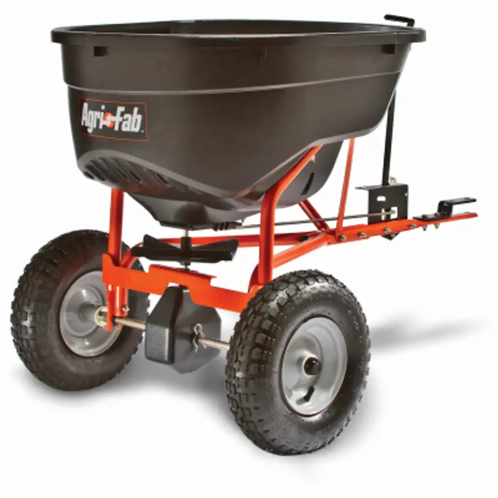 tow behind broadcast spreader, 130 lb.