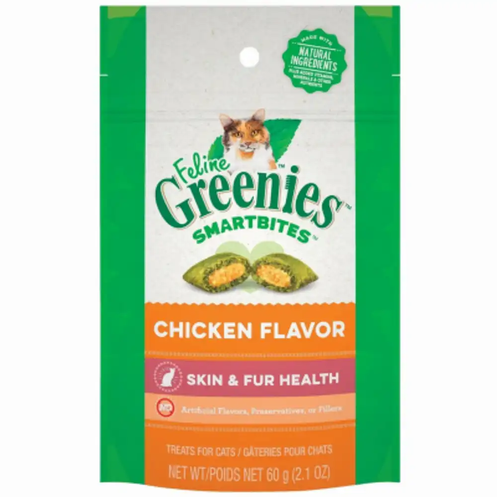 feline smartbites cat treats, chicken, skin & fur, 2.1 oz.