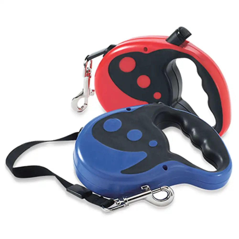 dog leash, retractable, up to 65 lbs., red or blue, 16 ft.