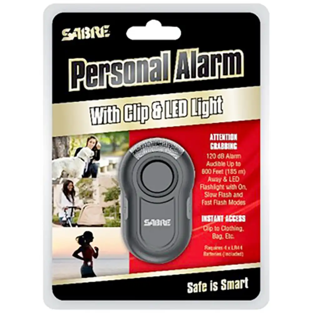 personal alarm with clip, led flashlight, 120 decibels, black case