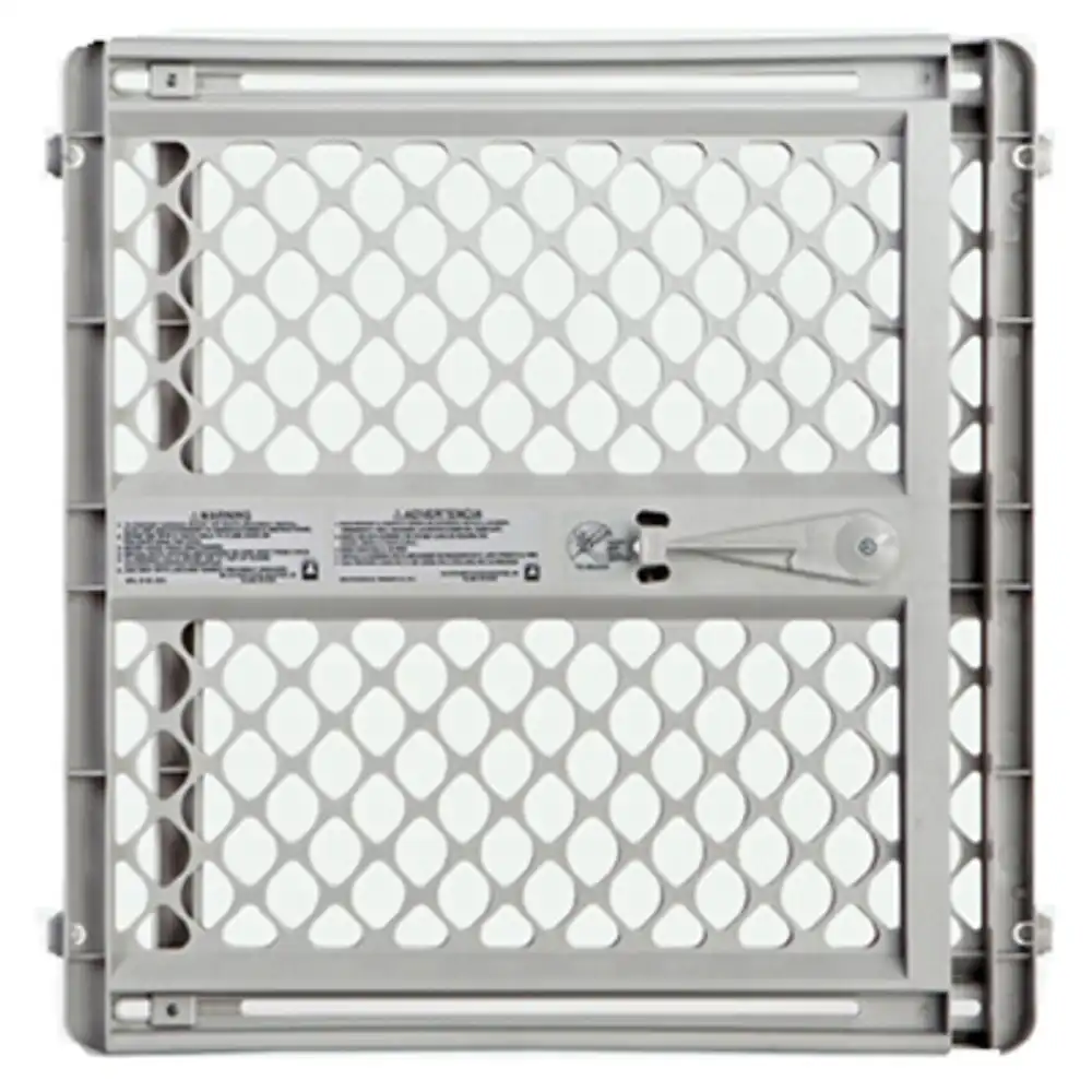 pet gate, light gray plastic, 26 to 42 x 26 in.