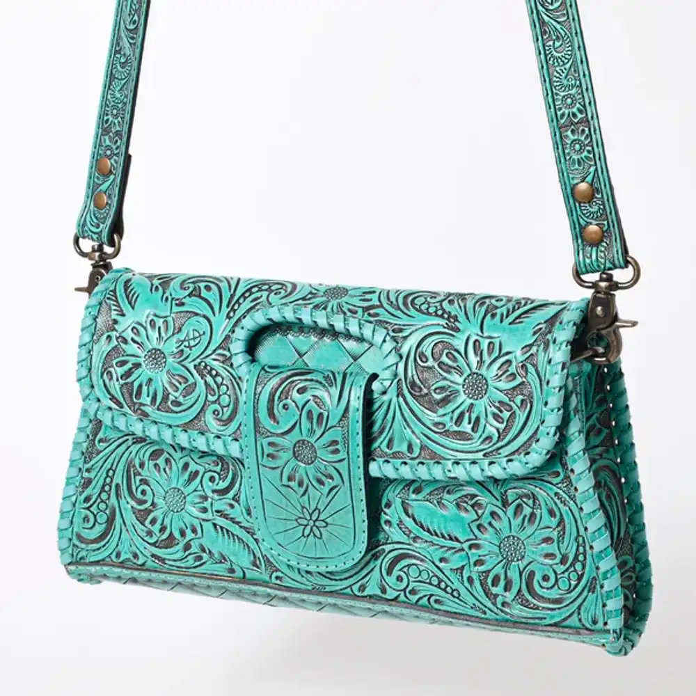 american darling hand tooled floral leather wallet bag clutch & crossbody handbag - turquoise