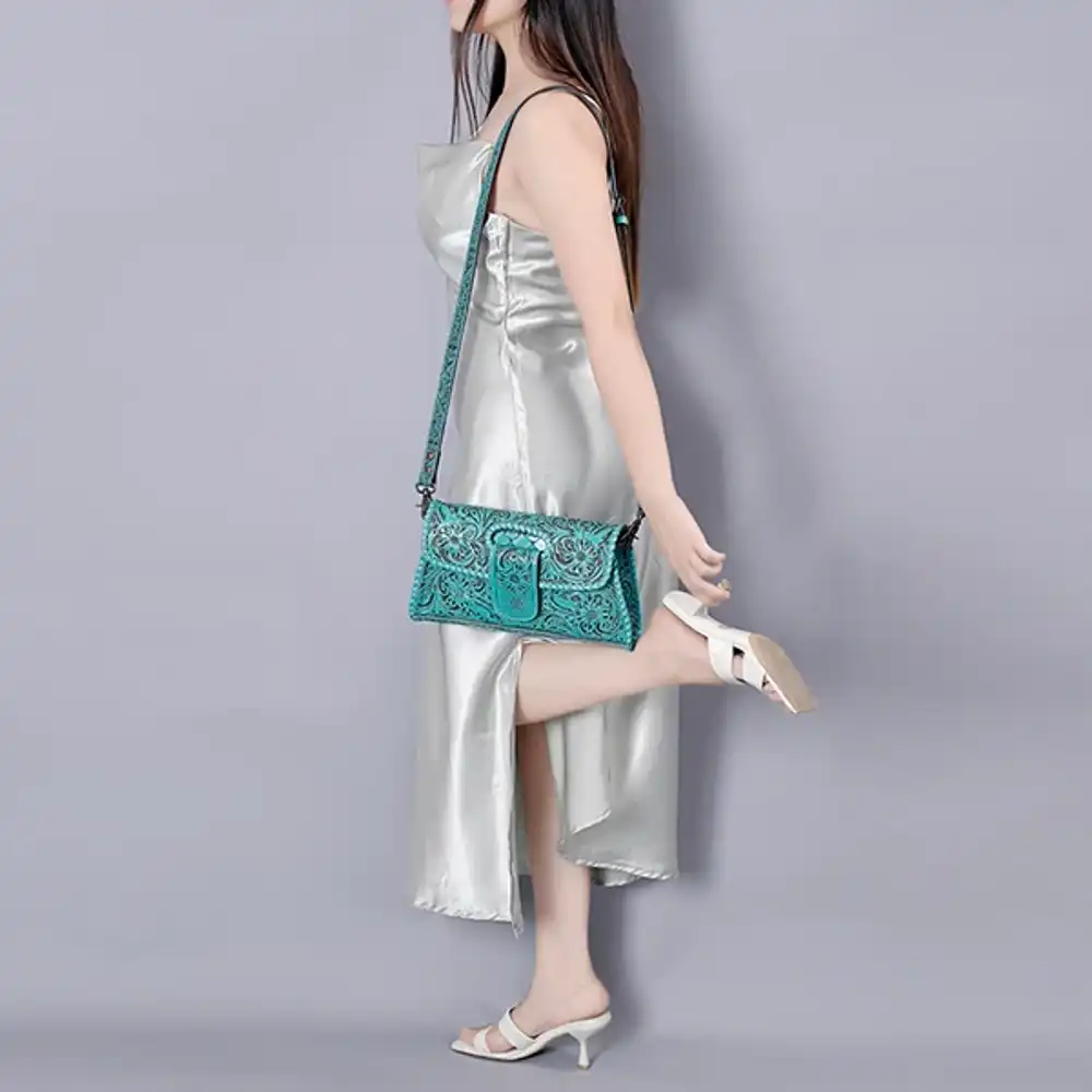 american darling hand tooled floral leather wallet bag clutch & crossbody handbag - turquoise