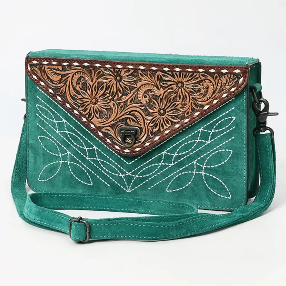 american darling western genuine suede leather envelop bag with hand-tooled detailing