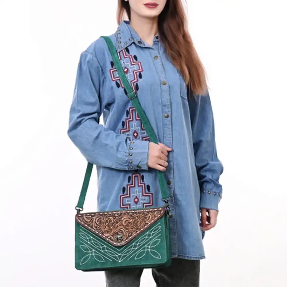 american darling western genuine suede leather envelop bag with hand-tooled detailing