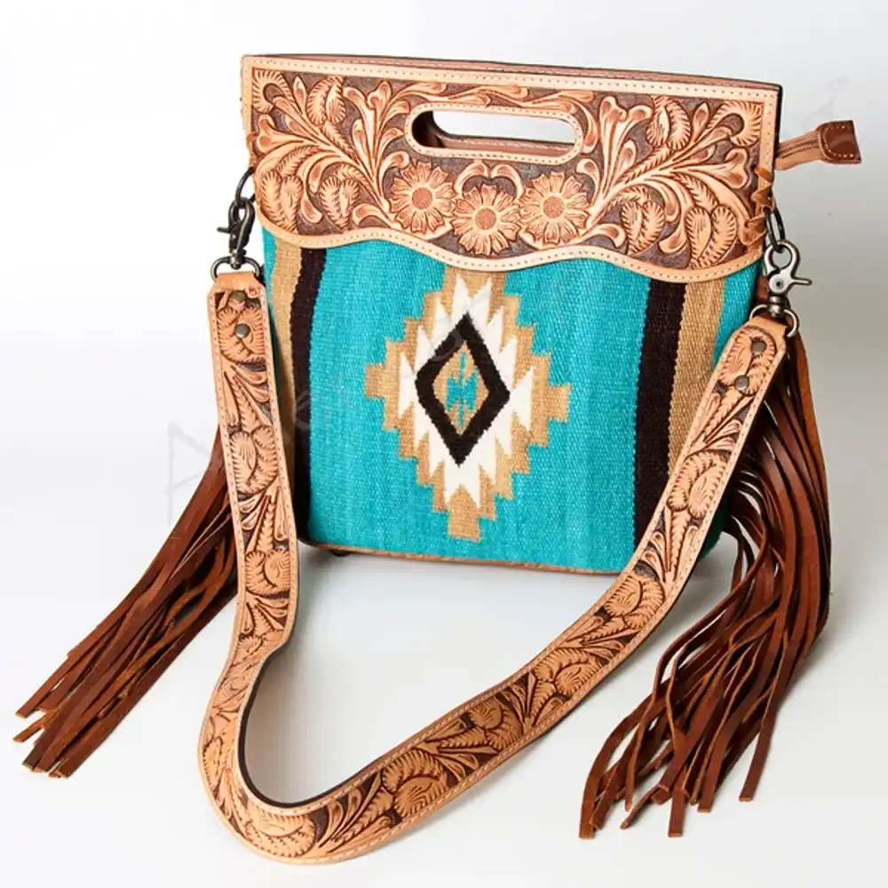 american darling signature cross body bag - hand tooled leather & woven saddle blanket purse