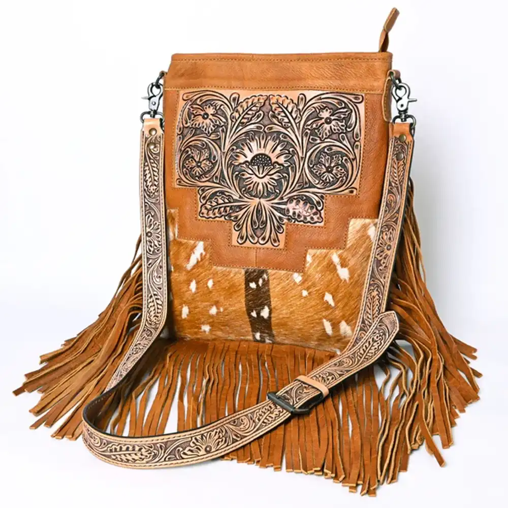 american darling messenger bag - hand tooled floral leather & hair-on cowhide purse
