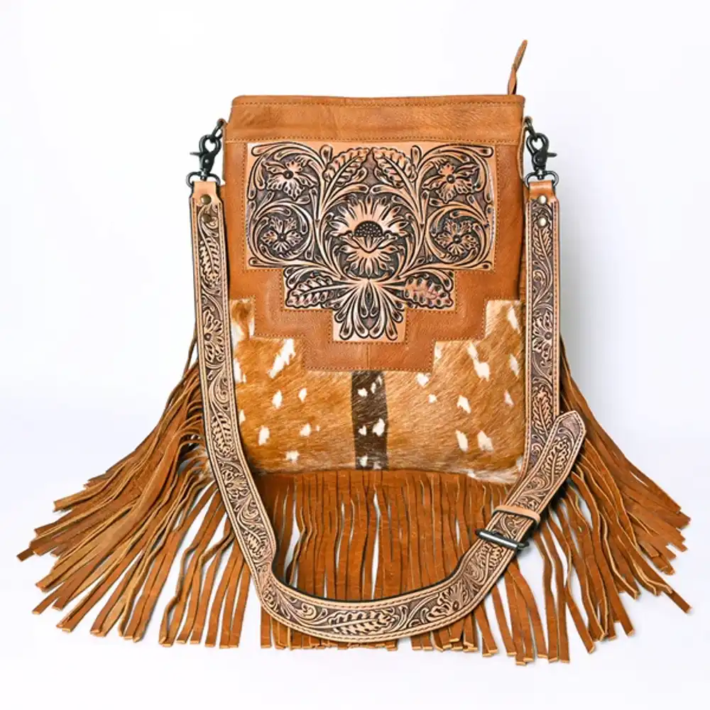american darling messenger bag - hand tooled floral leather & hair-on cowhide purse