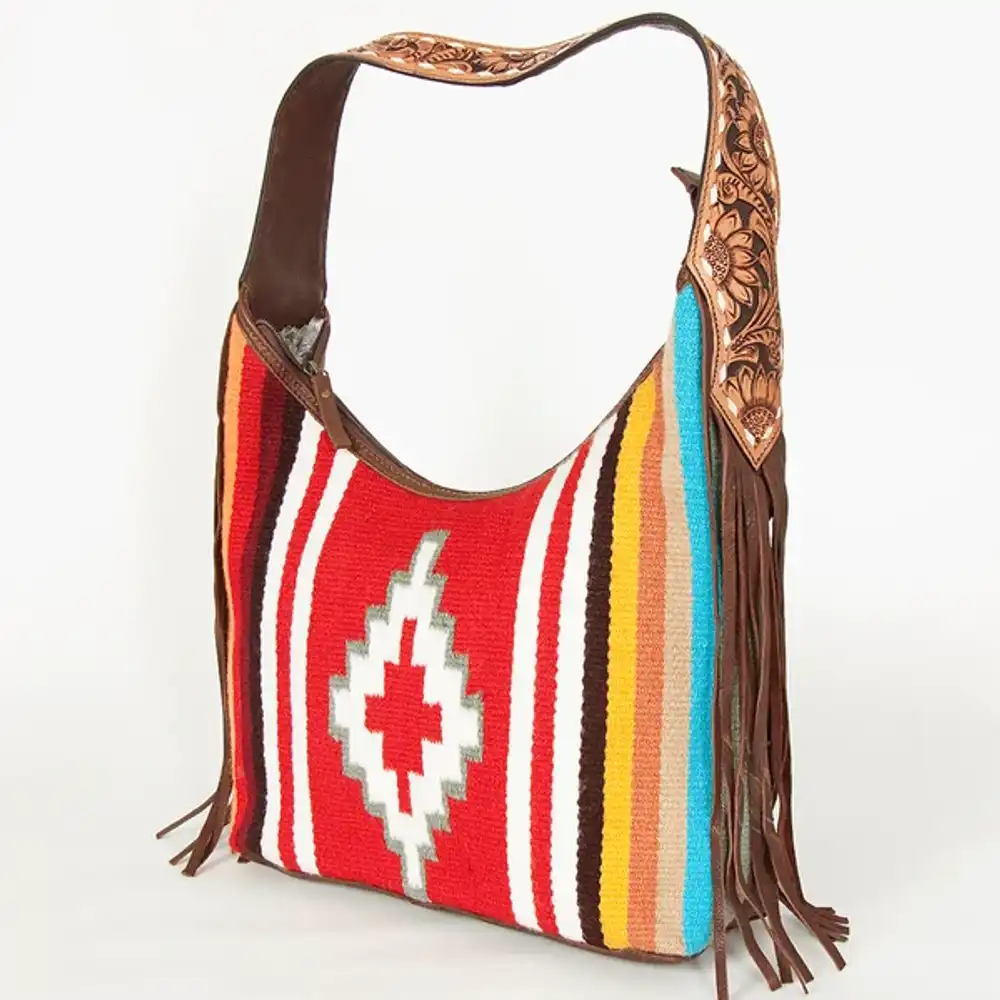 american darling hand-woven saddle blanket hobo bag hand tooled leather fringe