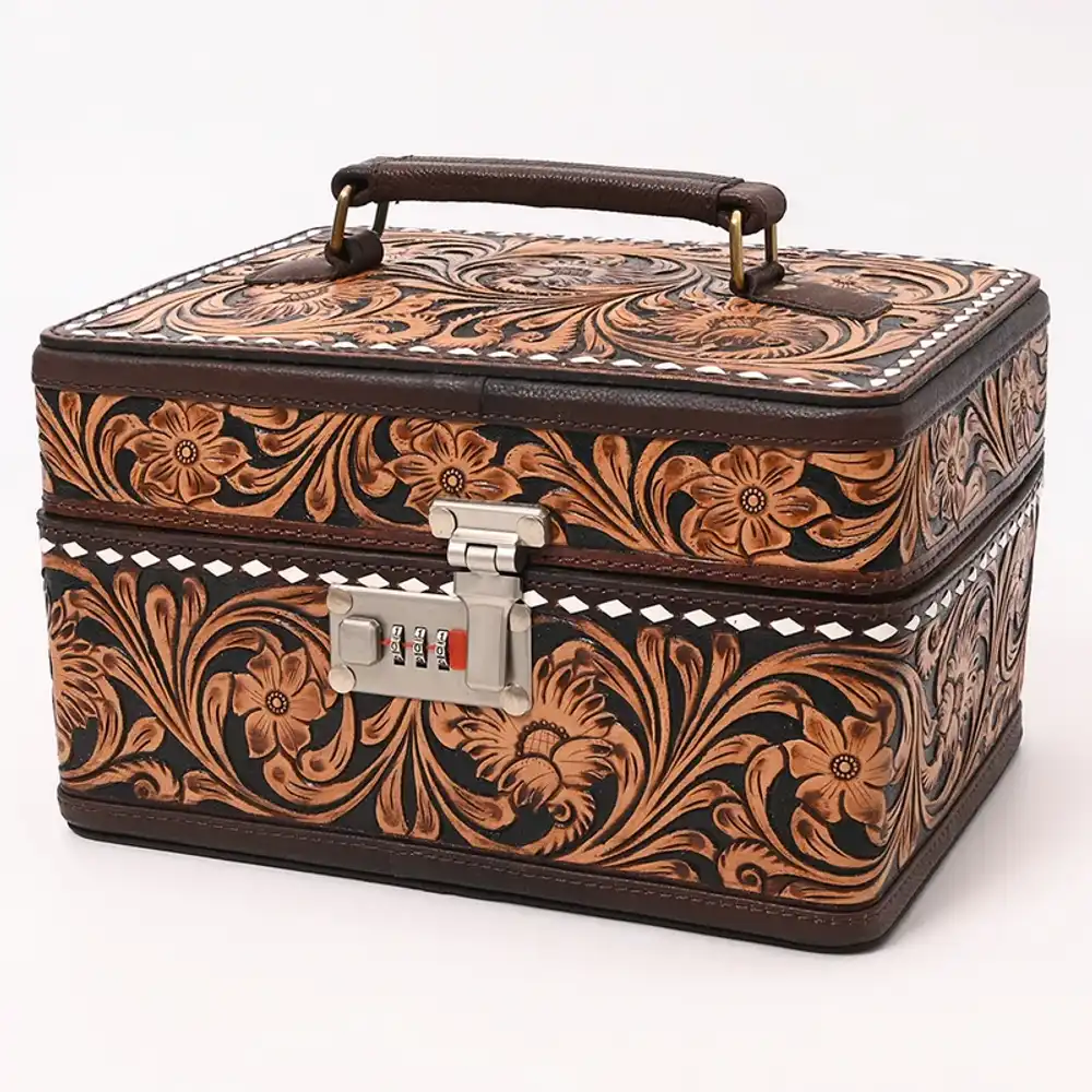 american darling tooled leather lockbox with floral scrollwork & combination lock