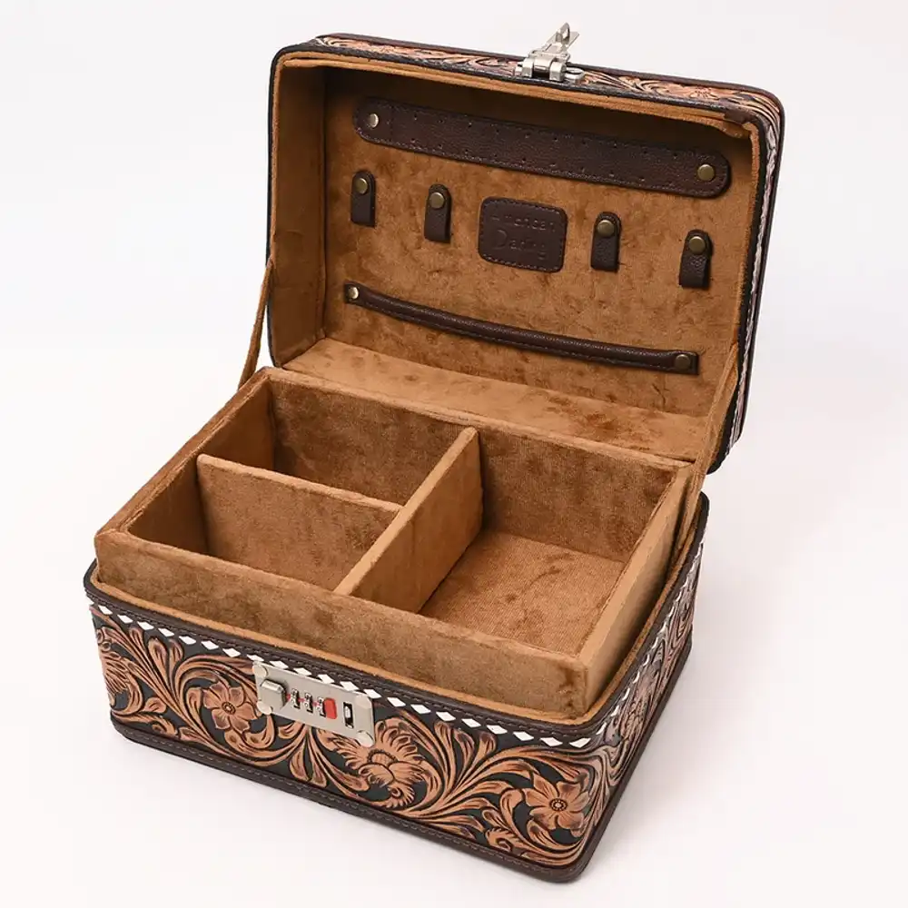 american darling tooled leather lockbox with floral scrollwork & combination lock