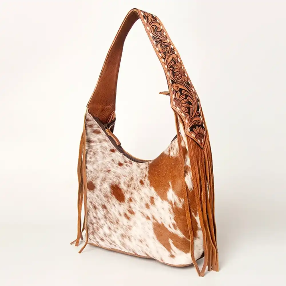 sage western hobo bag - genuine leather with tan hair-on hide & tooled strap