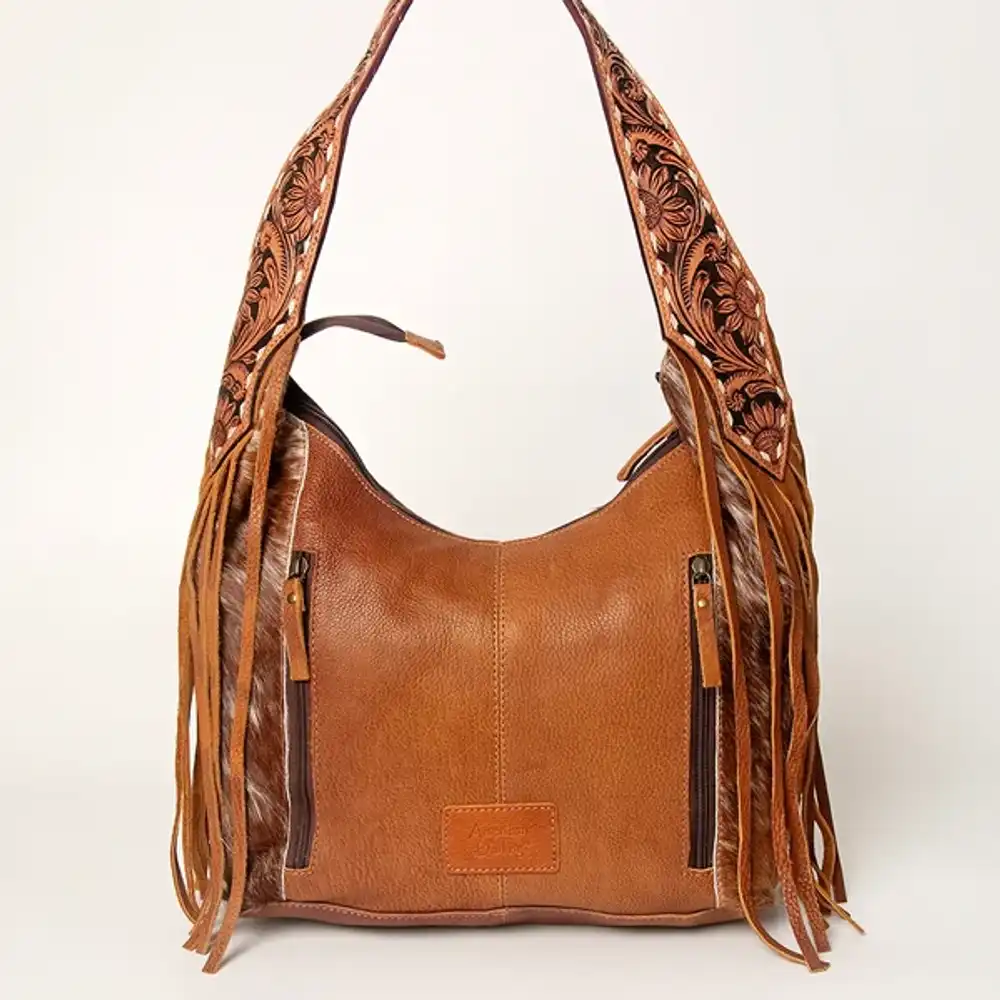 sage western hobo bag - genuine leather with tan hair-on hide & tooled strap