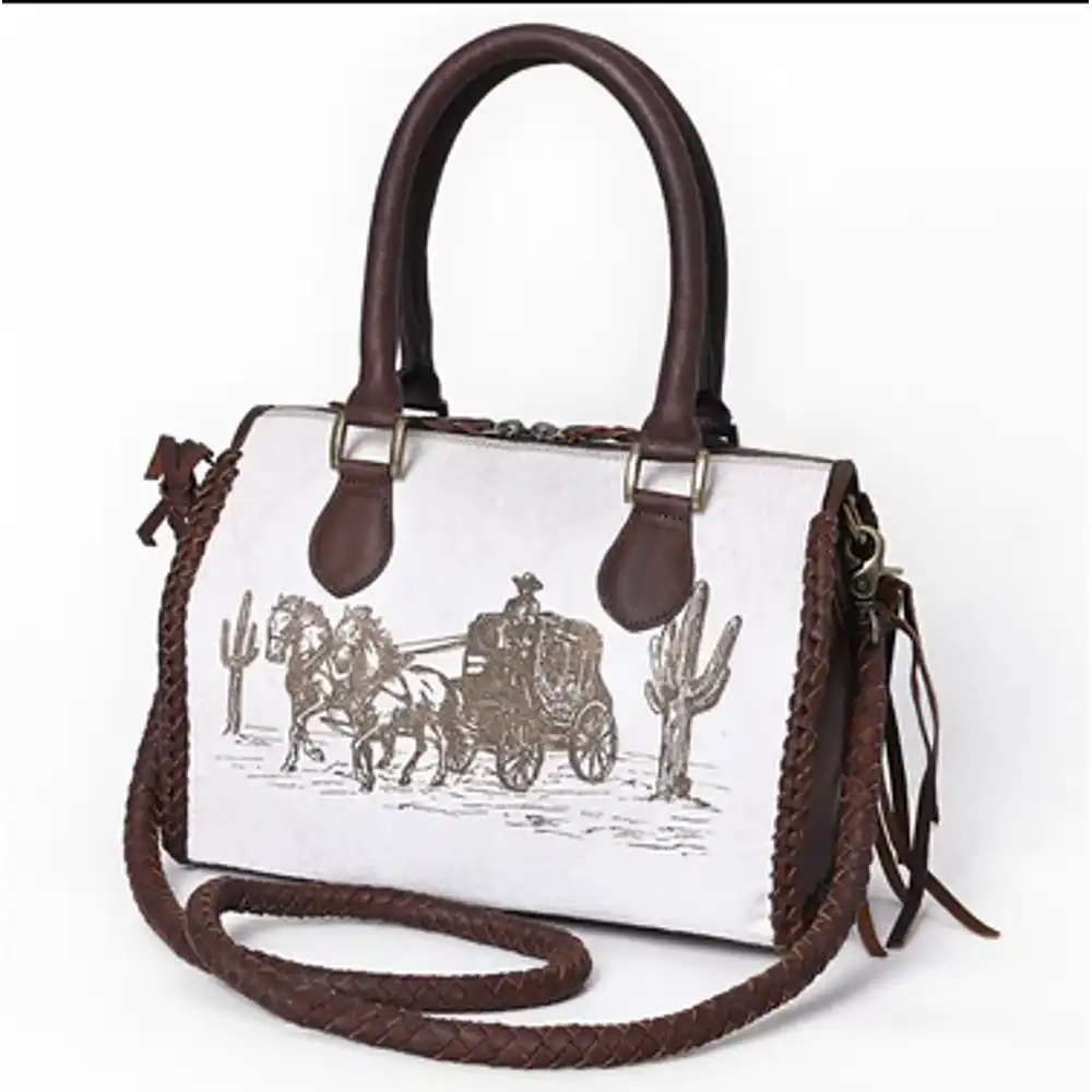 western satchel tote- hair-on leather bag with stagecoach print, braided strap & top handles