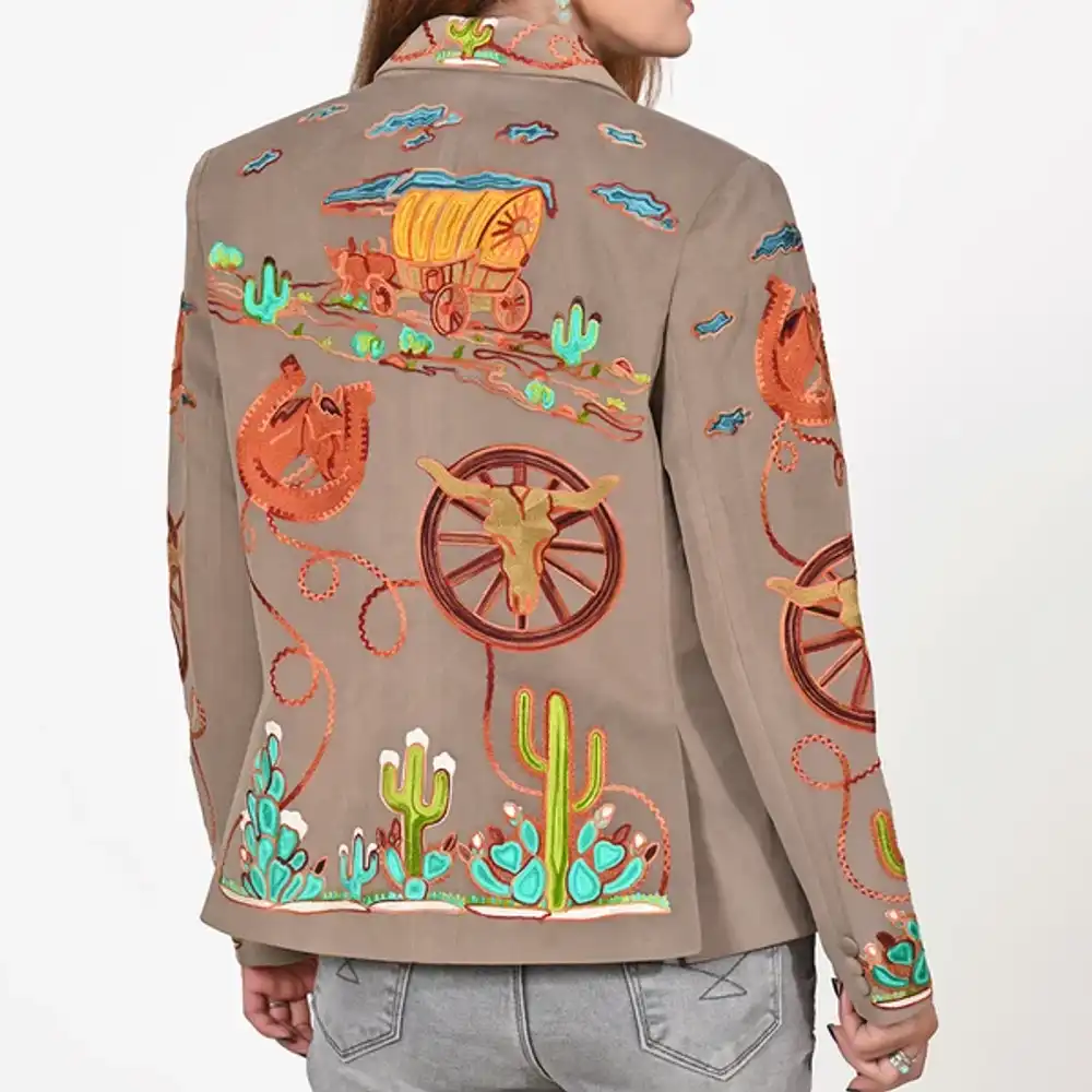 american darling grey fabric blazer jacket western wagon cactus embroidery