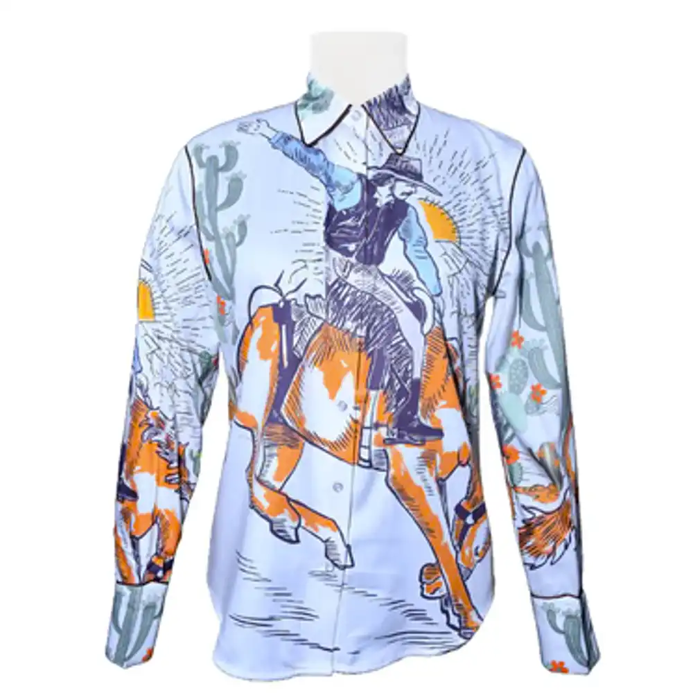 american darling 100% satin cotton printed western button down shirt