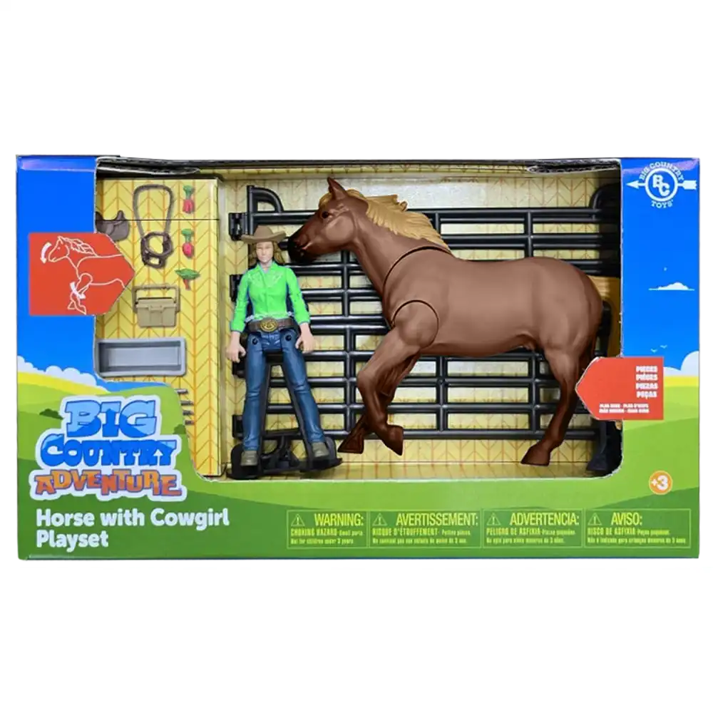 big country adventure 19-piece horse with cowgirl playset