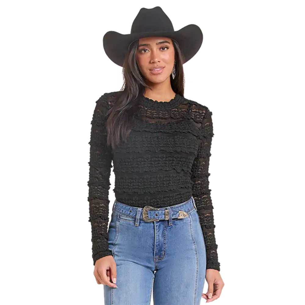 knit lace long sleeve top - black