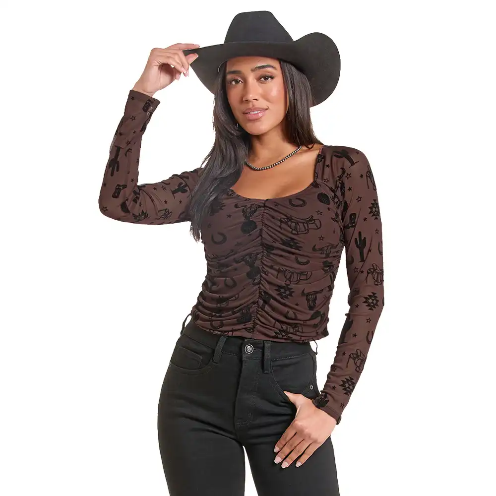 flocked print mesh long sleeve top - java