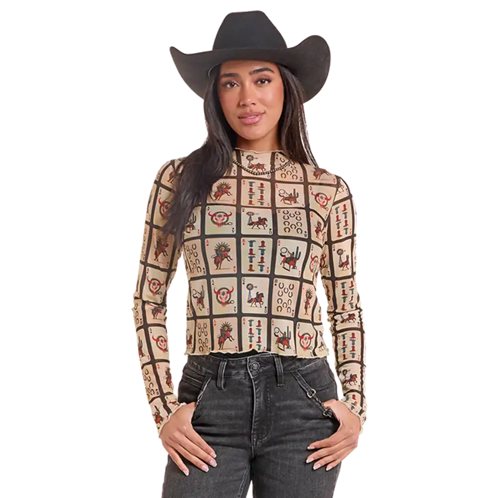 playing cards print mesh top - black