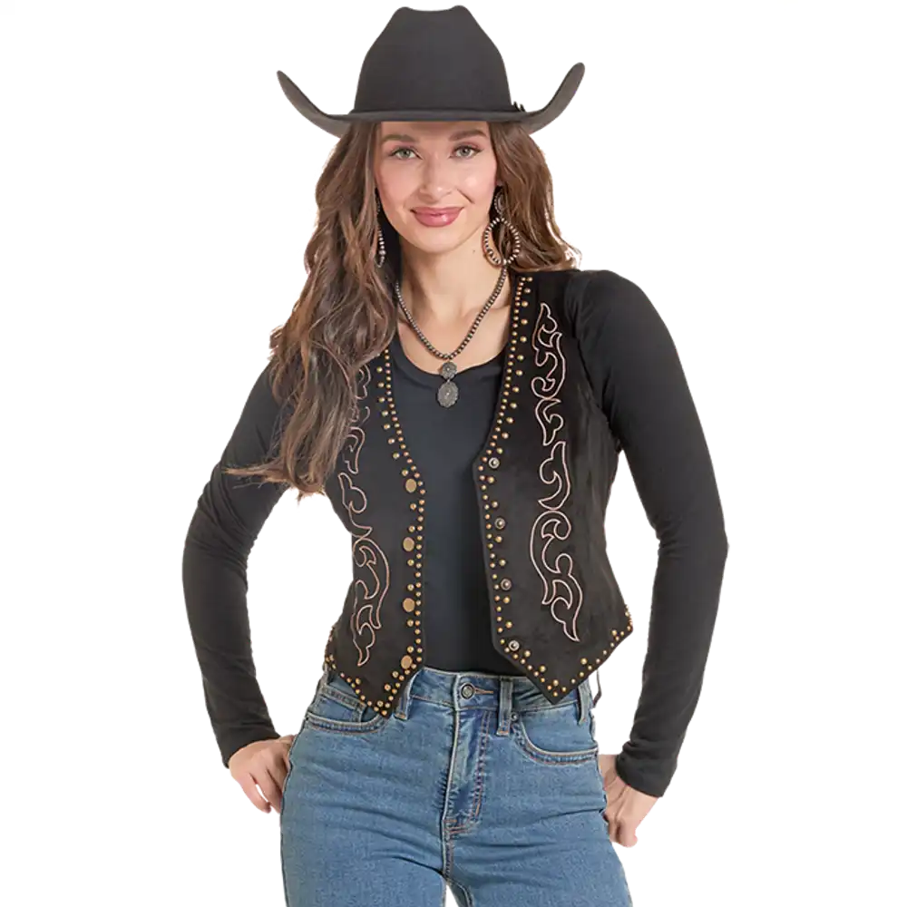 microsuede embroidered bootstich vest - black