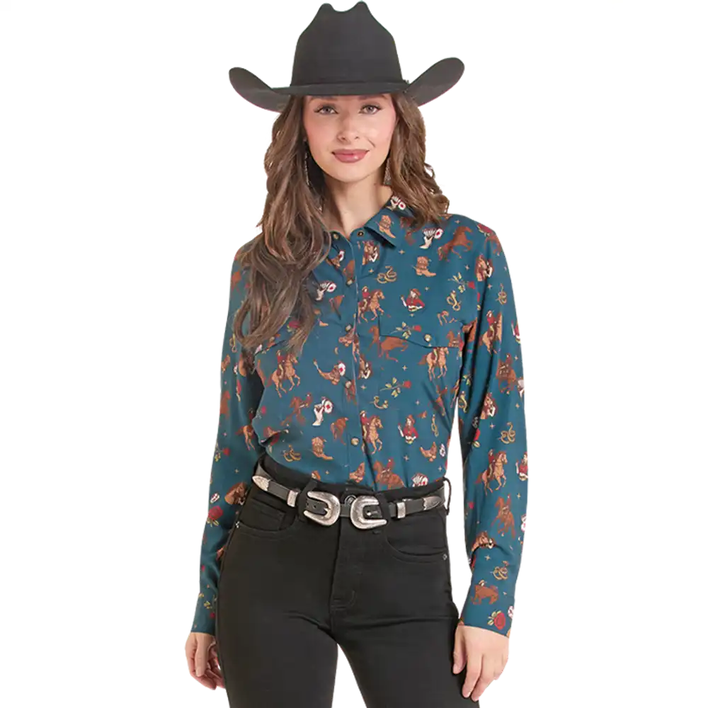 conversational print long sleeve shirt - teal