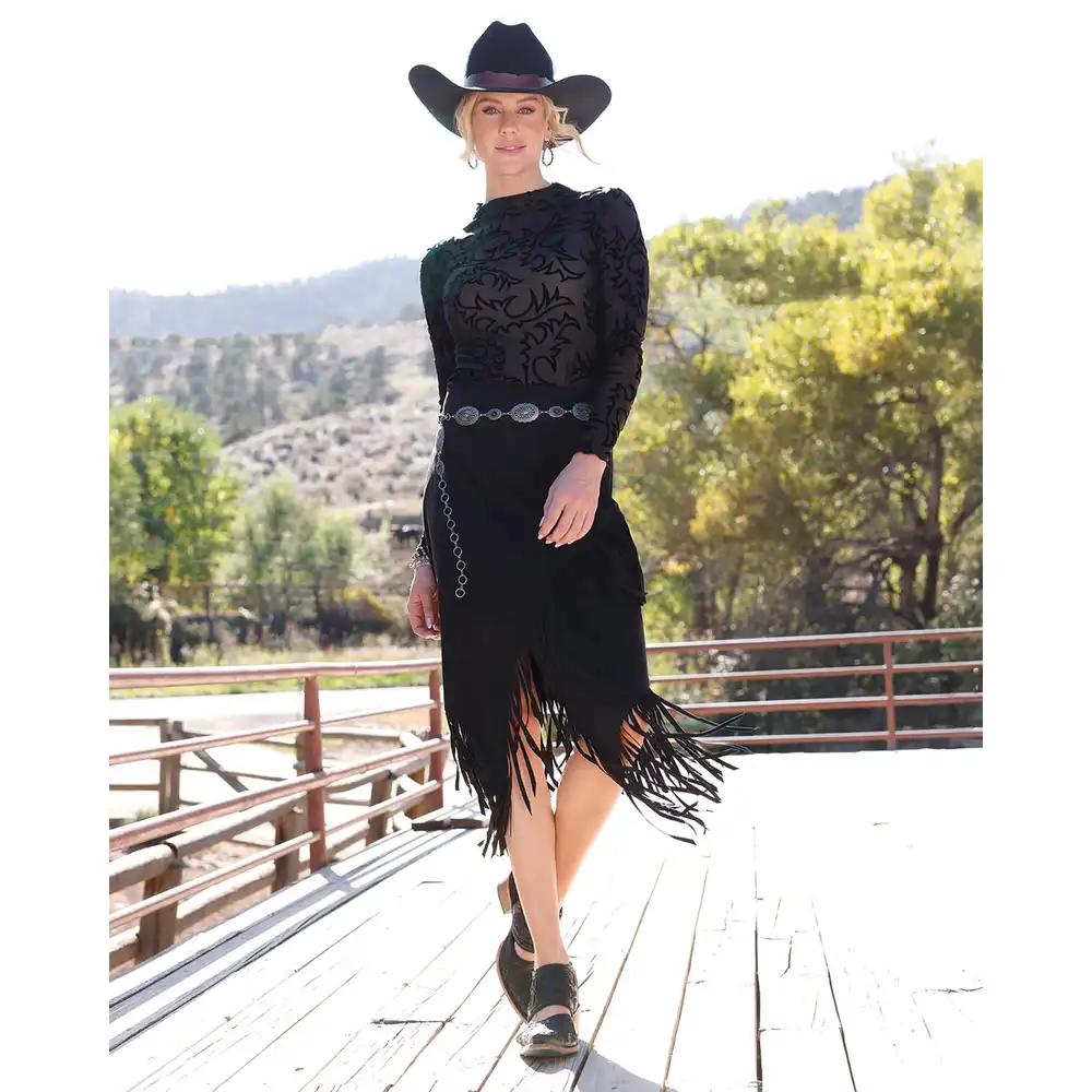ladies fringe midi skirt - black
