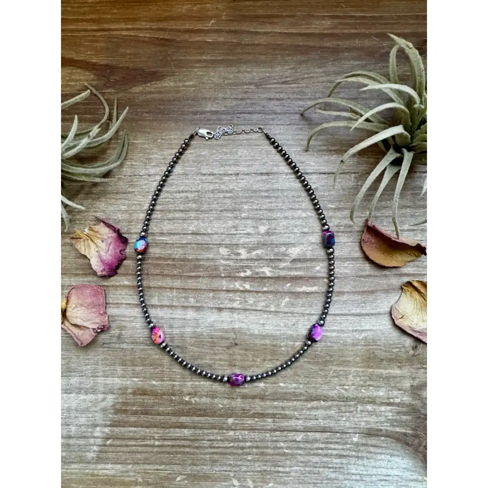 5 pink dye turquoise choker and sterling silver pearls