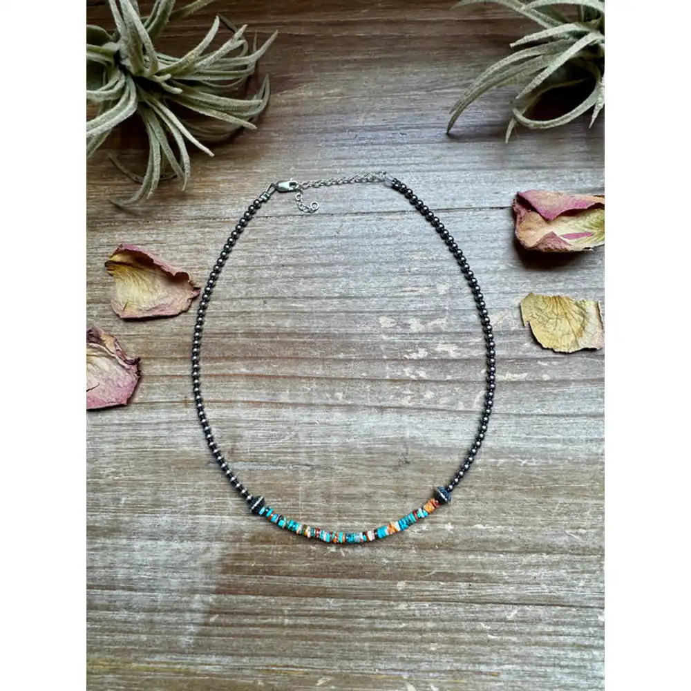 sterling silver pearl choker with extra turquoise & spiny oyster