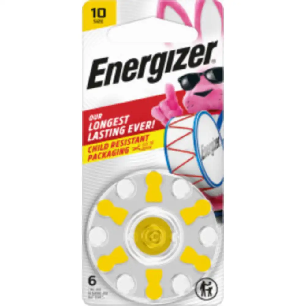 hearing aid batteries, size 10, yellow tab, 6-pk.