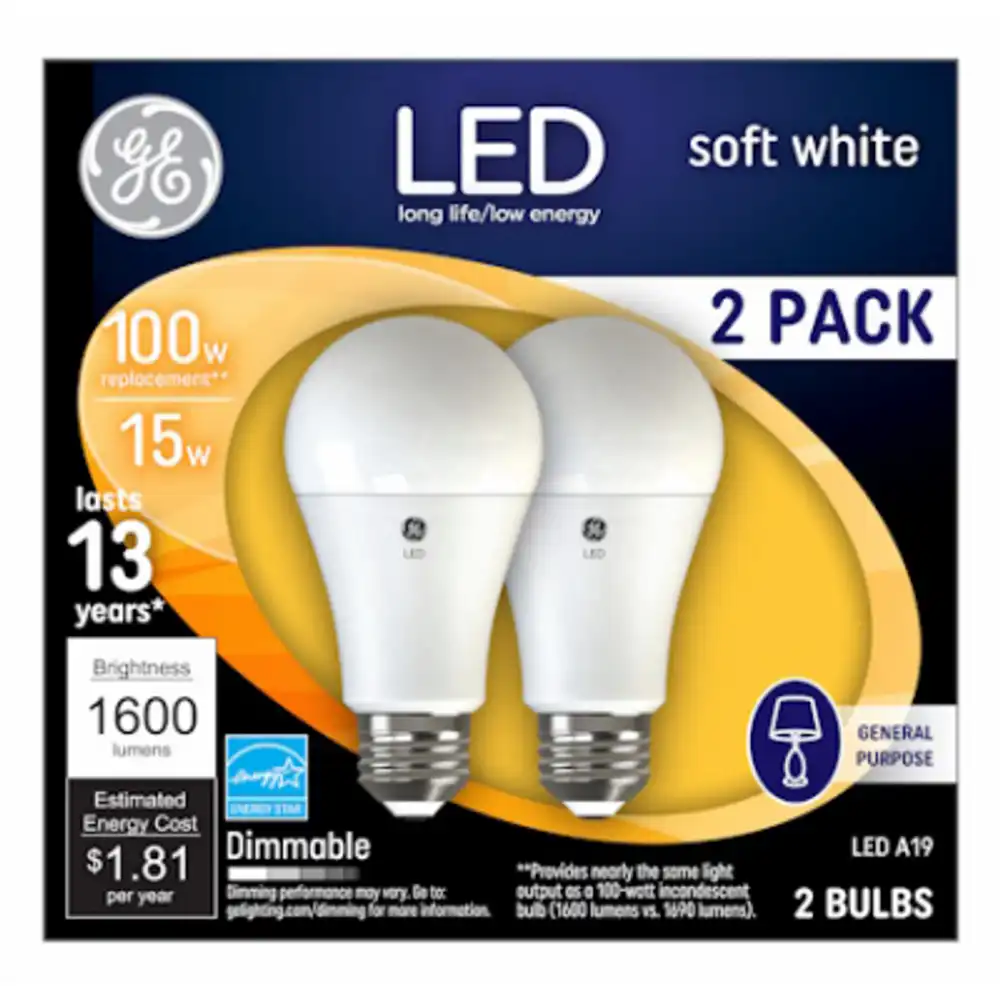 led light bulbs, soft white, dimmable, 1600 lumens, 15 watt, 2-pk.